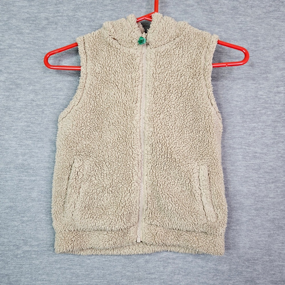 Mini Boden Kids Tan Sherpa Fleece Hooded Vest Floral Lining Size 6-7Y 122cm